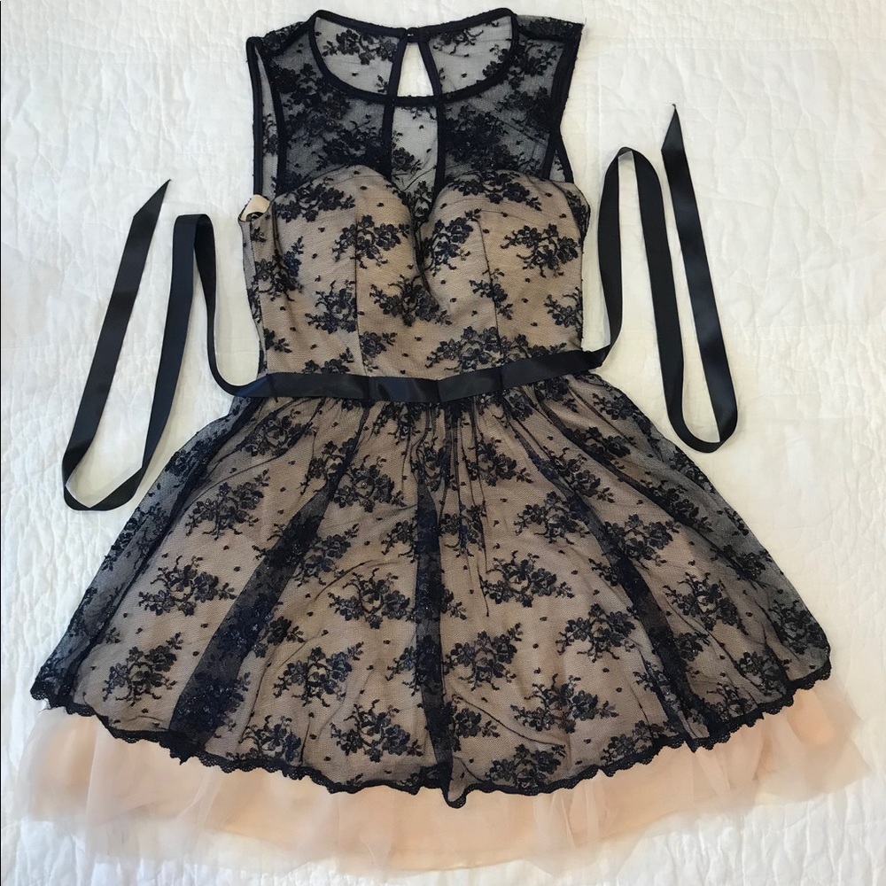 B Darlin Belted Lace Illusion Dress